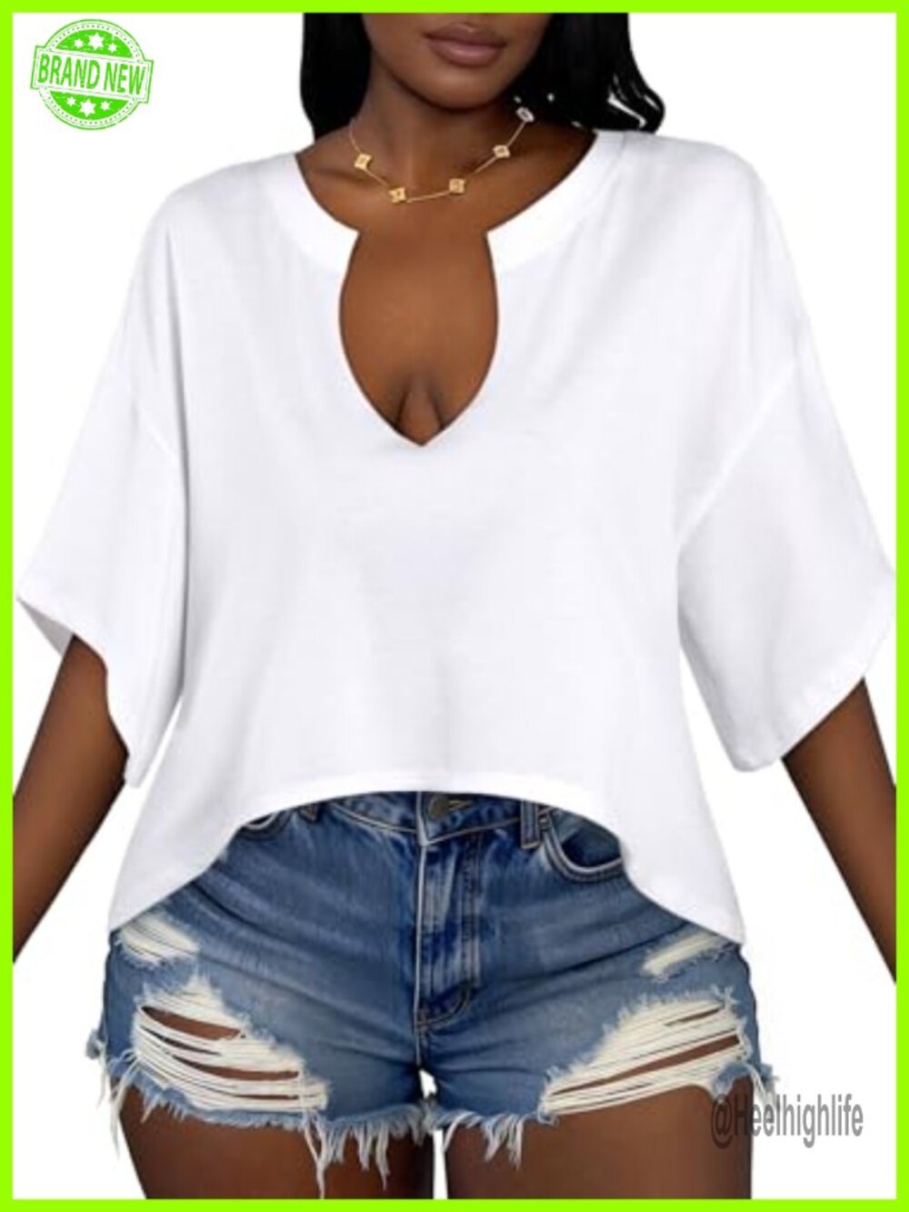 Women's Oversized Cropped V-Neck T-Shirt Short Sleeve Loose Fit